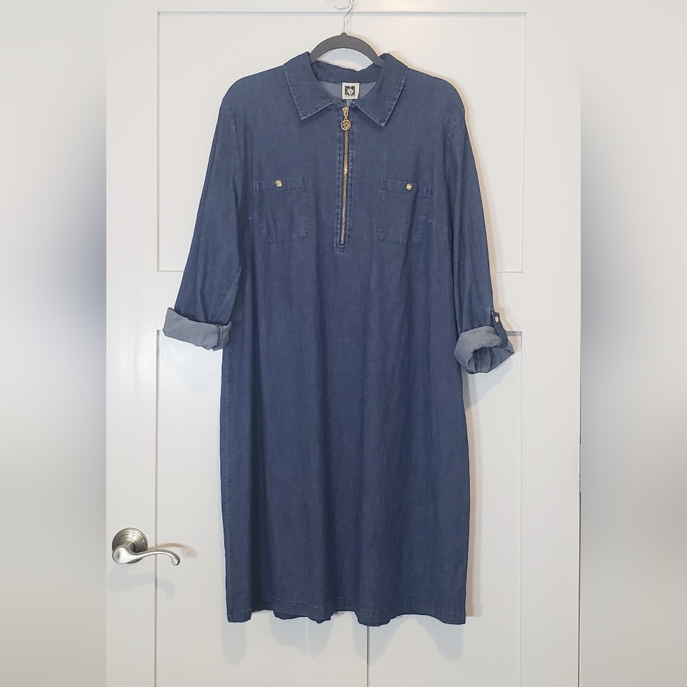 Anne Klein Chambray Denim Shirt Dress Zippered Front Cotton Stretch Size 16